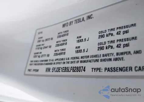 2020 Tesla Model 3 Long Range Dual Motor All-Wheel Drive from USA, damaged, VIN 5YJ3E1EB5LF628074